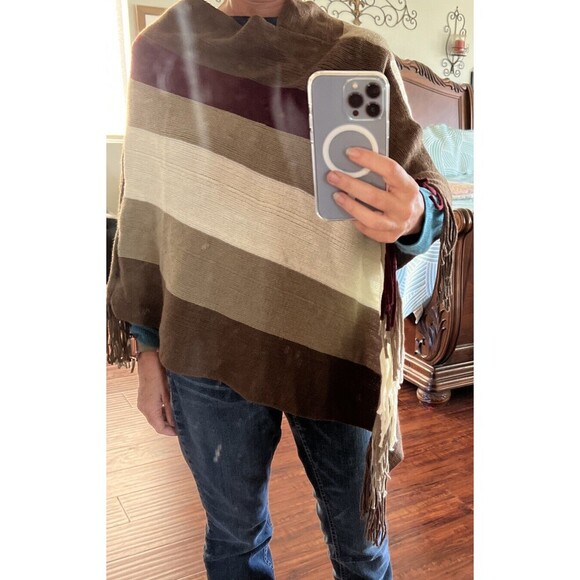 Womens Poncho Cape Sweater OSFM Stripes Wool Blend Fringe Colorblock 70s Retro - Picture 1 of 11